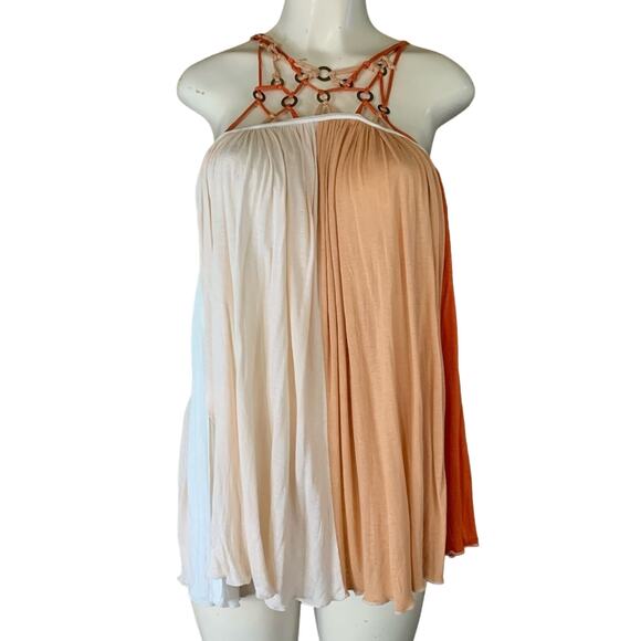 𝅺Free People Macrame Tunic Tank Top Colorblock Orange Tan White Size XS - Picture 1 of 11